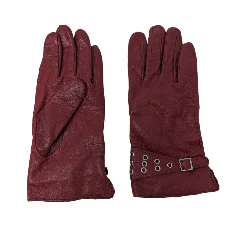 Anne Klein Red Leather Gloves Retro Glam Sze XL Lined Grommet Buckle City Winter